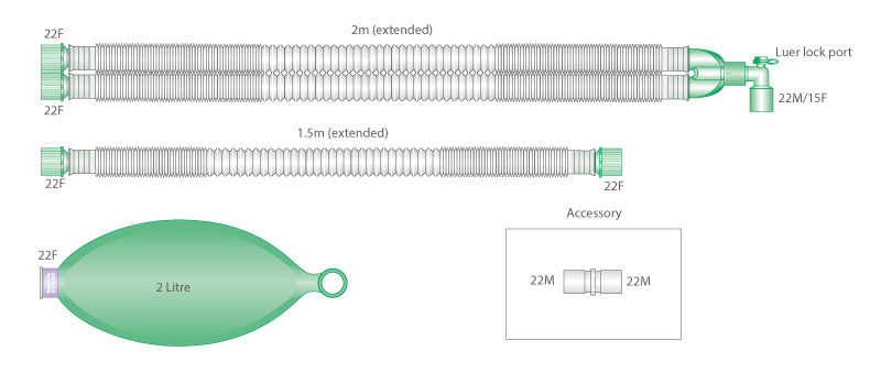 Circuito respiratorio extensible Compact de 22mm, con balón reservorio de 2L y ramal de 1.5m, longitud 2.0m