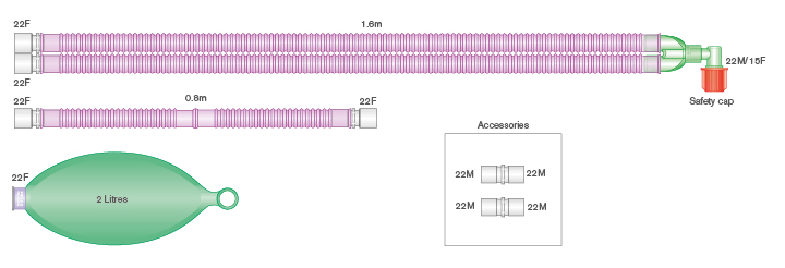 Circuito respiratorio Flextube Silver Knight antimicrobiano de 22mm con balón reservorio de 2L y ramal de 0.8m, longitud 1.6m