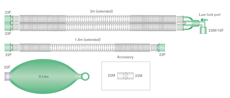 Circuito respiratorio extensible Compact de 22mm, con balón reservorio de 3L y ramal de 1.5m, longitud 2.0m