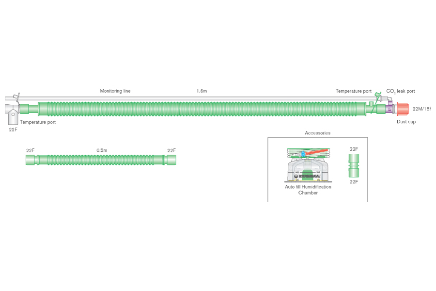Circuito Flextube de 30mm para ventilación binivel con cable calentador, conexión giratoria, salida espiratoria, línea de monitorización, cámara de auto-llenado y ramal extra, ≥ 1.6m