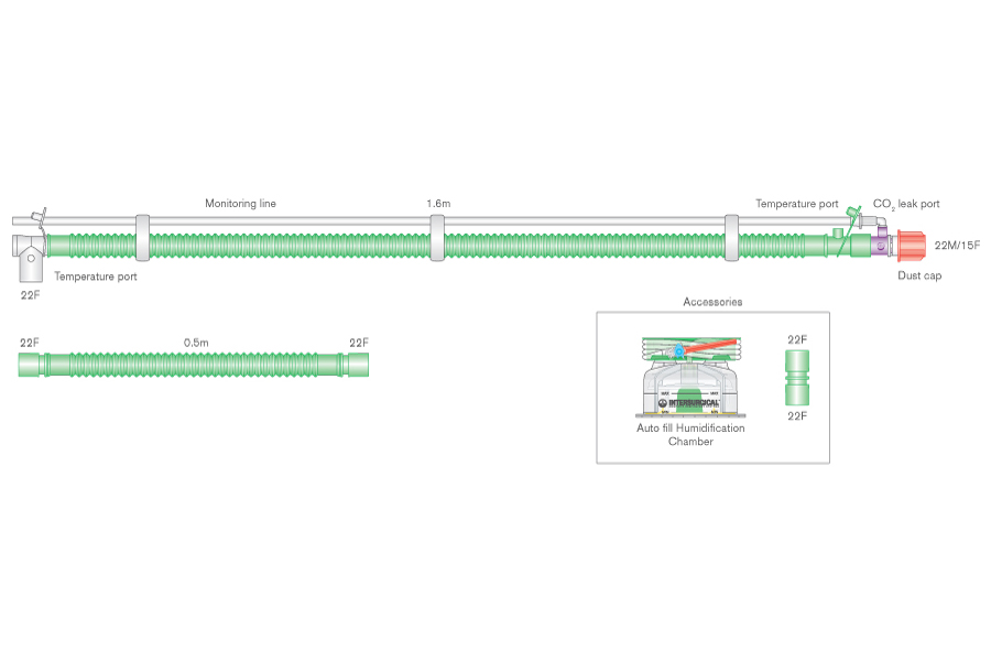 Circuito respiratorio Flextube de 22mm para ventilación binivel con cable calentador, conexión giratoria, salida espiratoria, cámara de auto-llenado, línea de monitorización y ramal extra, ≥ 1.6m 