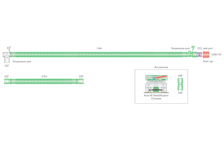 Circuito respiratorio Flextube de 22mm para ventilación binivel con cable calentador, conexión giratoria, salida espiratoria, cámara de auto-llenado y ramal extra, ≥ 1.6m