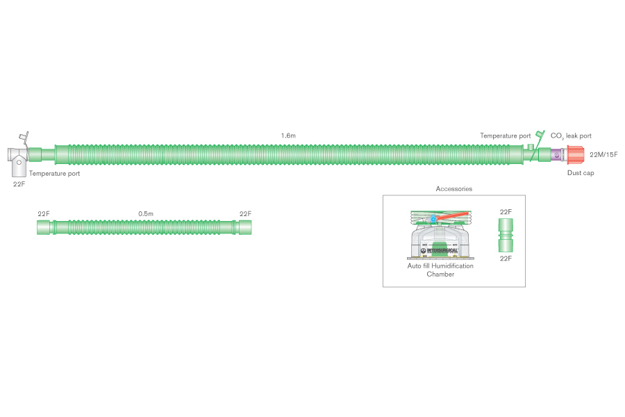 Circuito Flextube de 30mm para ventilación binivel con cable calentador, conexión giratoria, salida espiratoria, cámara de auto-llenado y ramal extra, ≥ 1.6m 