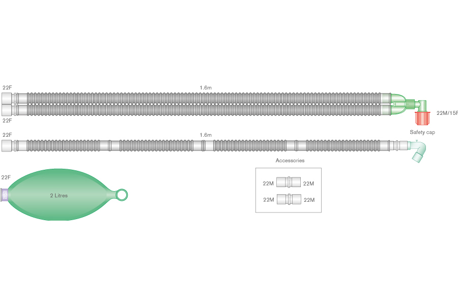 Circuito respiratorio Flextube de 22mm para máquinas de anestesia Aisys®, Avance® y Aespire®  con codo fijo, balón reservorio de 2L y ramal, longitud 1.6m
