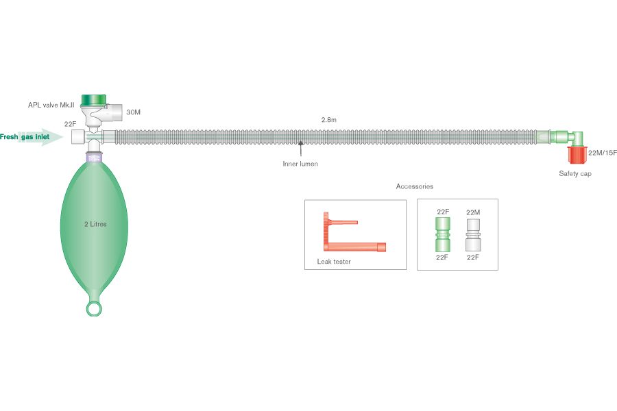 Circuito respiratorio coaxial Mapleson D Bain completo con válvula APL, balón reservorio de 2L, longitud 2.8m