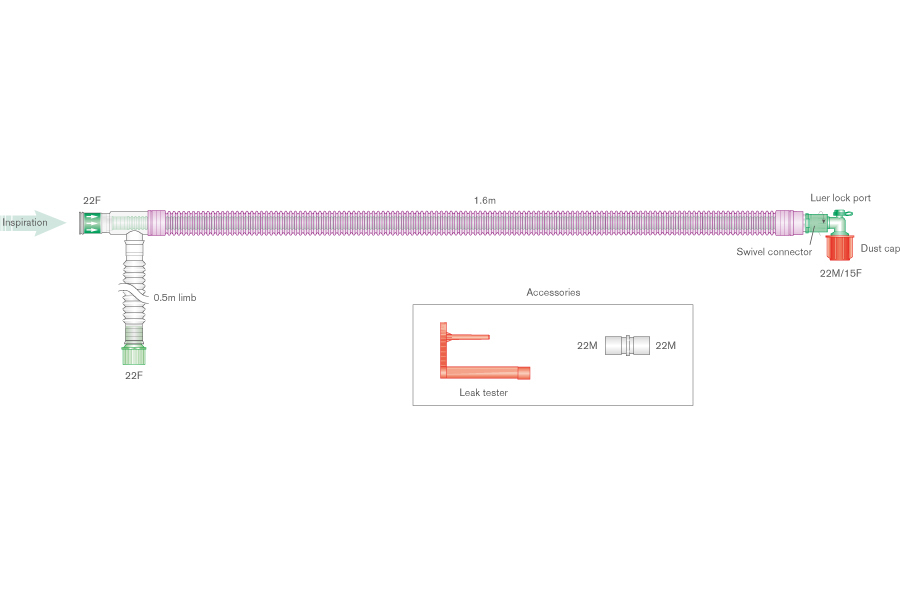 Circuito respiratorio coaxial UniFlow Silver Knight antimicrobiano de 30mm con ramal de 0.5m, longitud 1.6m