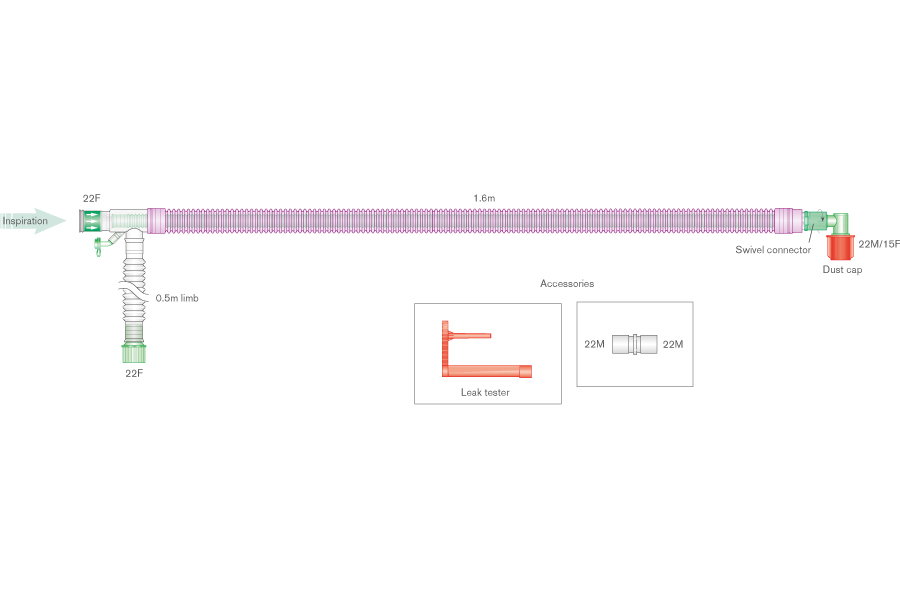 Circuito respiratorio coaxial UniFlow Silver Knight antimicrobiano de 30mm con línea de monitorización integrada y ramal de 0.5m, longitud 1.6m