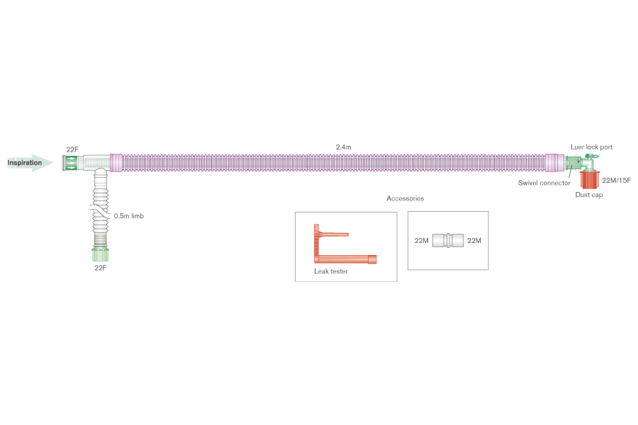 Circuito respiratorio coaxial UniFlow Silver Knight antimicrobiano de 30mm con ramal de 0.5m, longitud 2.4m