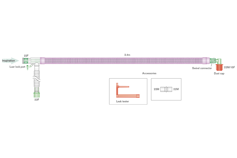 Circuito respiratorio coaxial UniFlow Silver Knight antimicrobiano de 30mm con línea de monitorización integrada y ramal de 0.5m, longitud 2.4m