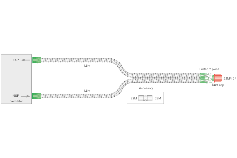 Circuito respiratorio de alma lisa de 15mm con conexiones 22F y puertos de monitorización en la pieza en Y, longitud 1.6m