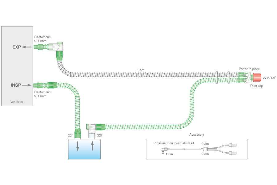 Circuito respiratorio de alma lisa de 15mm con doble cable calentador, línea de monitorización y ramal extra. ≥ 1.6m