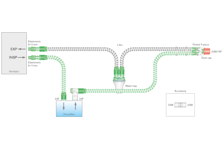 Circuito respiratorio de alma lisa de 15mm con cable calentador, trampa de agua y ramal extra.  ≥ 1.6m