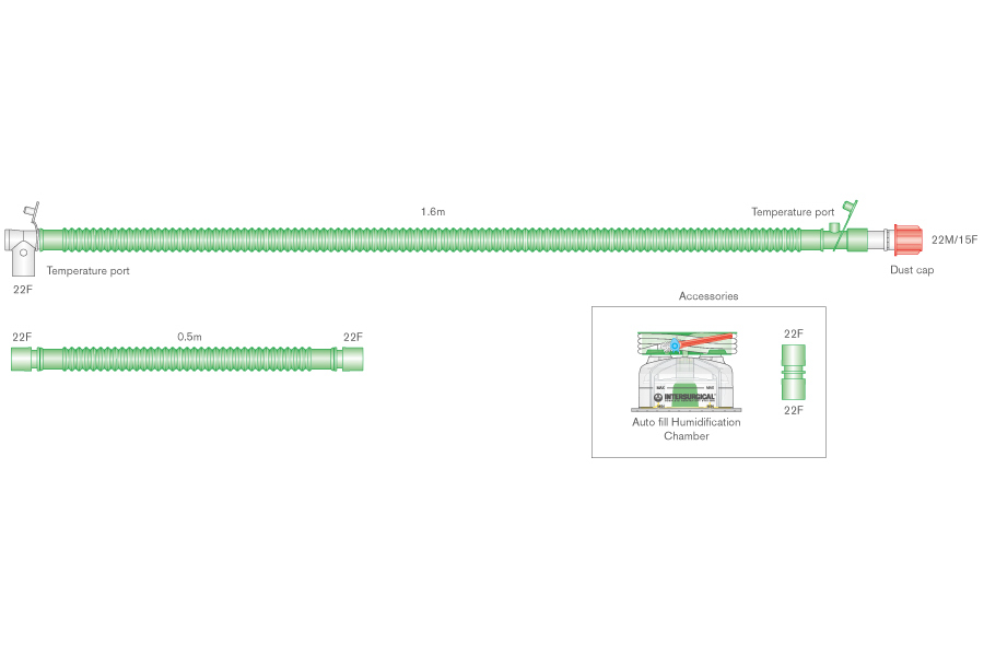 Circuito respiratorio Flextube 22mm para terapia binivel con cable calentador, conexión giratoria, cámara de auto-llenado y ramal extra. ≥ 1.6m