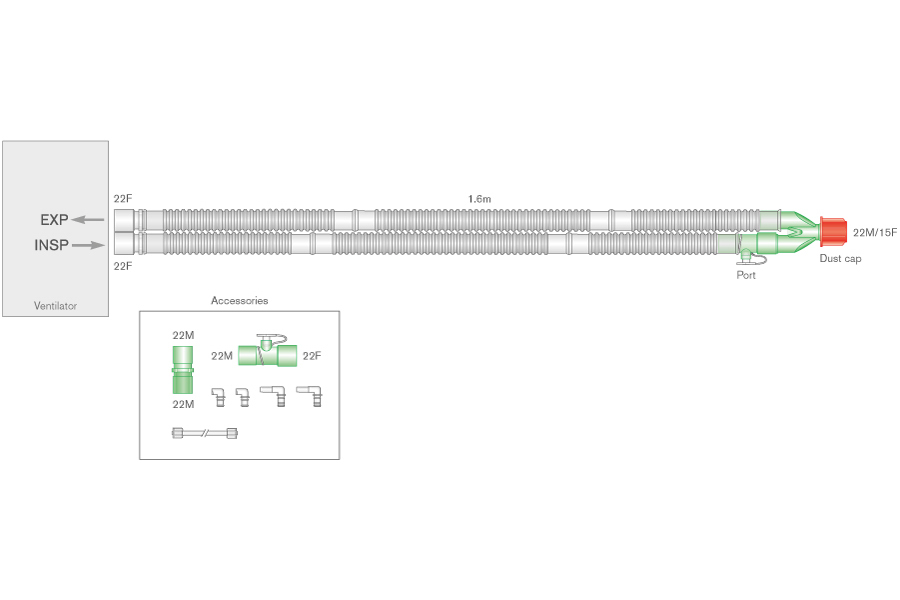 Circuito respiratorio Flextube de 22mm con adaptadores para administración de óxido nítrico - 1,6m de longitud