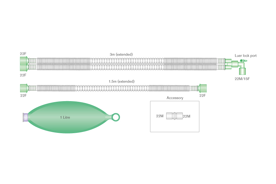 Circuito respiratorio extensible pediátrico Compact de 15mm con codo con puerto luer, balón reservorio de 1L y ramal de 1.5m, longitud 3m 