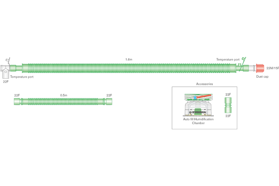 Circuito respiratorio Flextube 30mm para ventilación binivel con cable calentador, conexión giratoria, cámara de auto-llenado y ramal extra. ≥ 1.6m