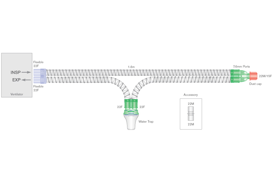 Circuito respiratorio de alma lisa de 22mm con trampa de agua y puertos de monitorización en la pieza en Y, longitud 1.6m