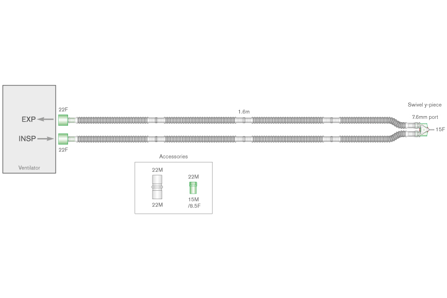 Circuito respiratorio de transporte Flextube de 10mm con pieza en Y rotatoria y conexiones 22F, longitud 1.6m. Para ventiladores babyPAC® 