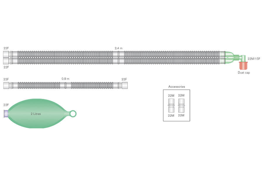 Circuito respiratorio Flextube de 22mm con balón reservorio de 2L y ramal de 0.8m, longitud 2.4m