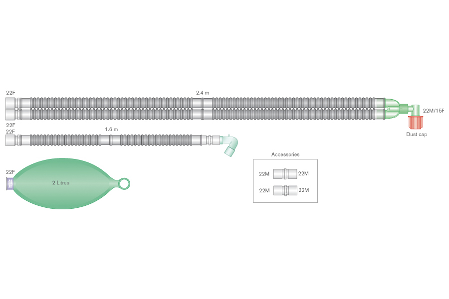 Circuito respiratorio Flextube de 22mm para máquinas de anestesia Aisys®, Avance® y Aespire® con codo fijo, balón reservorio de 2L y ramal, longitud 2.4m