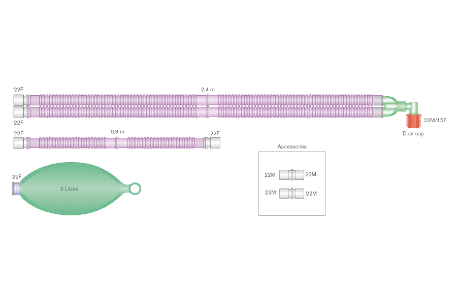 Circuito respiratorio Flextube Silver Knight antimicrobiano de 22mm con balón reservorio de 2L y ramal de 0.8m, longitud 2.4m