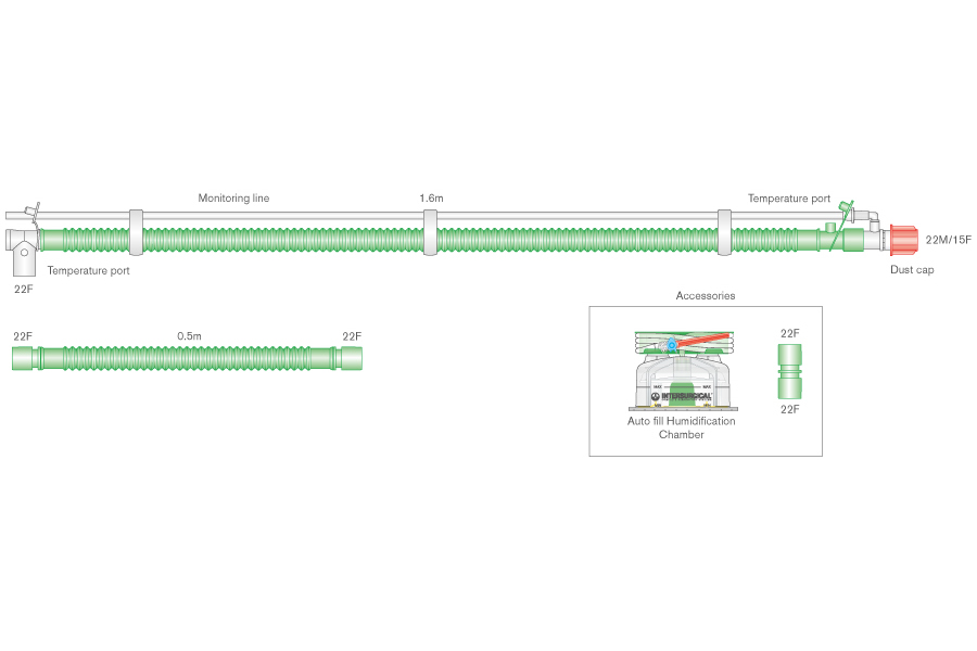Circuito respiratorio Flextube 22mm para ventilación binivel con cable calentador, conexión giratoria, línea de monitorización, cámara de auto-llenado y ramal extra. ≥ 1.6m