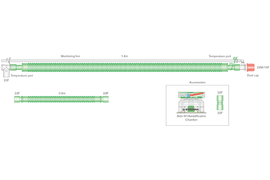 Circuito respiratorio Flextube 30mm para ventilación binivel con cable calentador, conexión giratoria, línea de monitorización, cámara de auto-llenado y ramal extra. ≥ 1.6m  