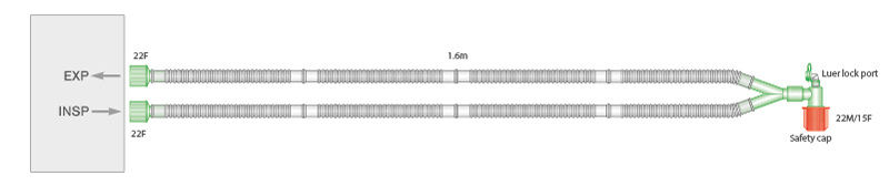 Circuito respiratorio para anestesia Flextube de 15mm con codo con puerto luer, longitud 1.6m