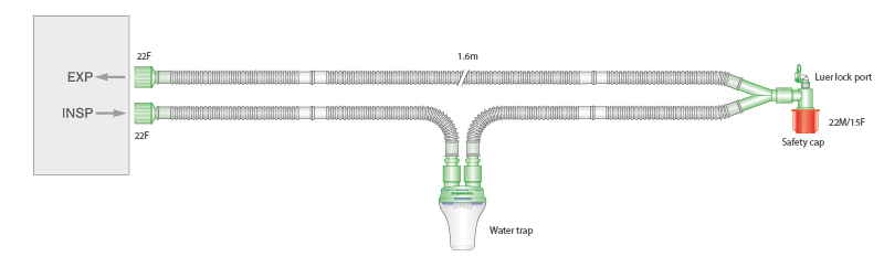 Circuito respiratorio para anestesia Flextube de 15mm con codo con puerto luer y trampa de agua autosellable, longitud 1.6m