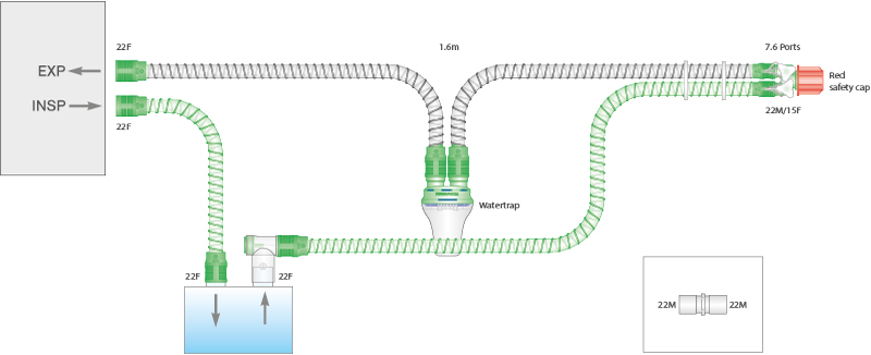 Circuito respiratorio de alma lisa de 15mm con cable calentador, trampa de agua y ramal extra. ≥ 1.6m