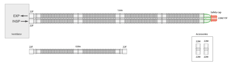 Circuito respiratorio Flextube de 22mm con ramal de 0.8m, longitud 1.6m
