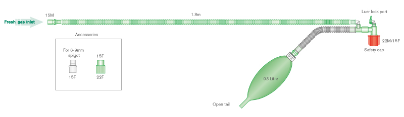 Circuito respiratorio Mapleson F con pieza en T modificación de Jackson Rees con balón reservorio abierto de 0.5L, longitud 1.8m