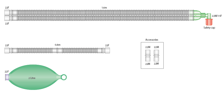 Circuito respiratorio Flextube de 22mm con balón reservorio de 2L y ramal de 0.8m, longitud 1.6m