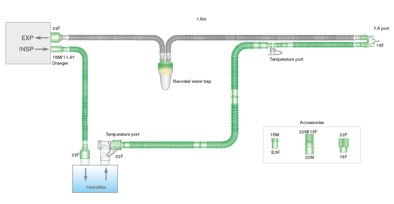 Circuito respiratorio Flextube de 10mm con cable calentador, trampa de agua y ramal de 0.5m, longitud 1.6m